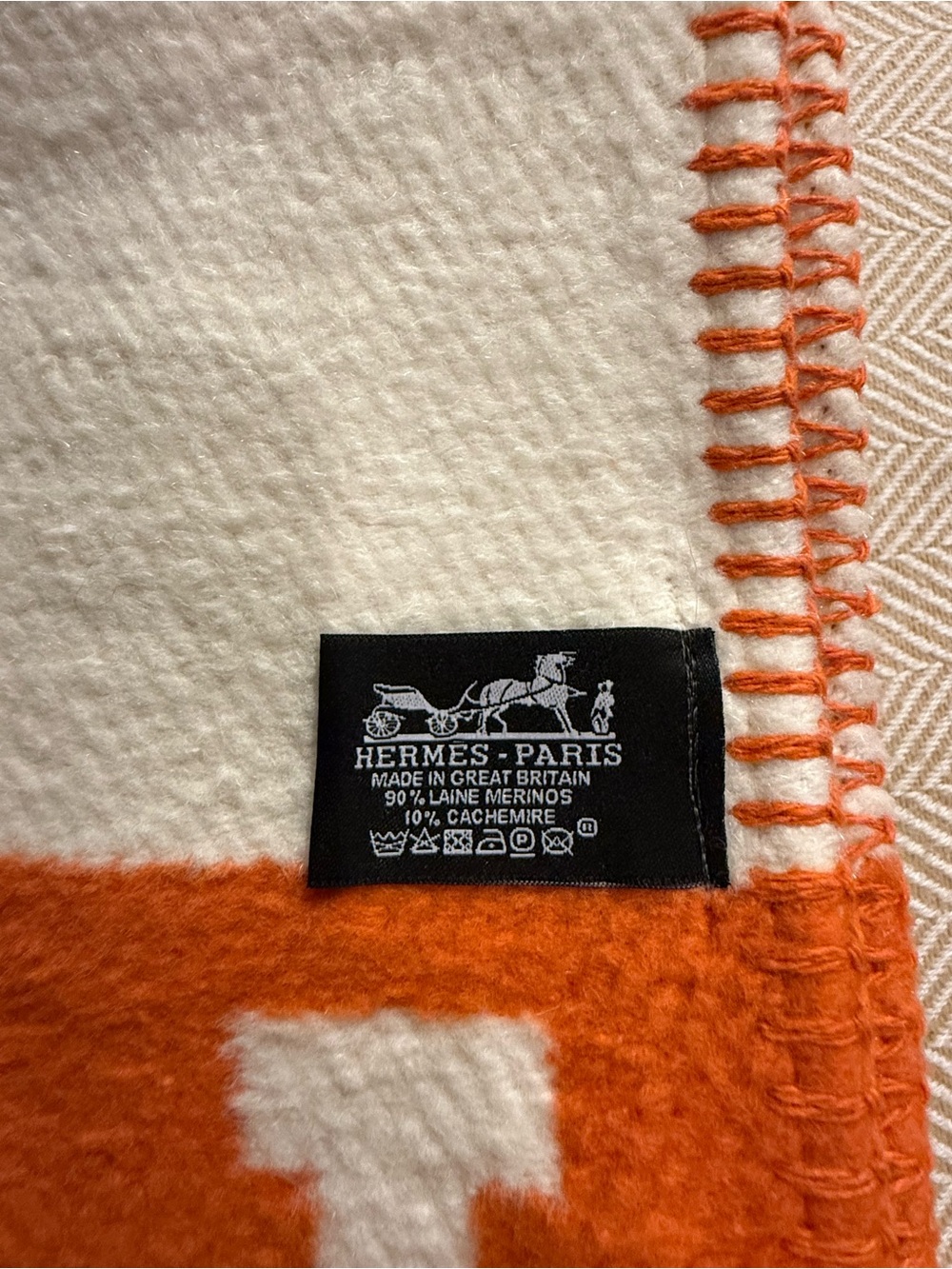 Hermes Avalon throw blanket Classic Orange/White Wool And Cashmere - Picture 2 of 7